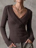 Brown Ribbed Lace Wrap Sweater