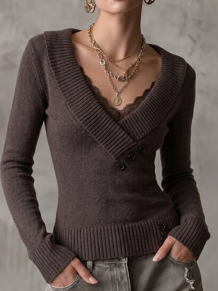 Brown Ribbed Lace Wrap Sweater