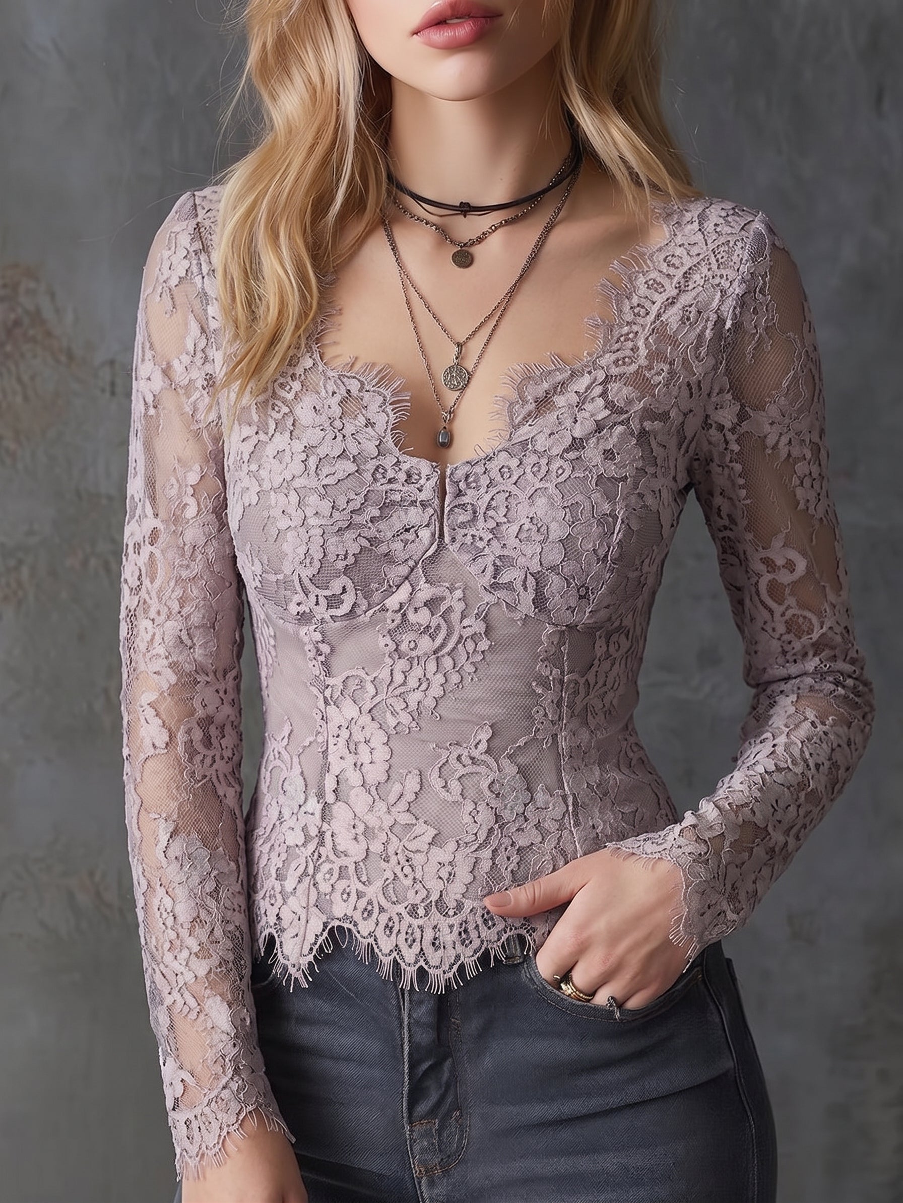 Dusty Lilac Floral Lace Long Sleeve Top