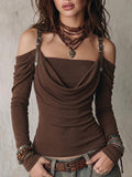 Brown Cowl Neck Leather Strap Top