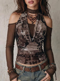 Brown Grunge Mesh Cowl Neck Top