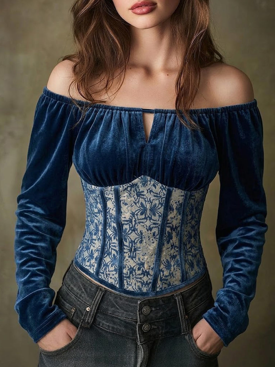 Blue Velvet Brocade Corset Top