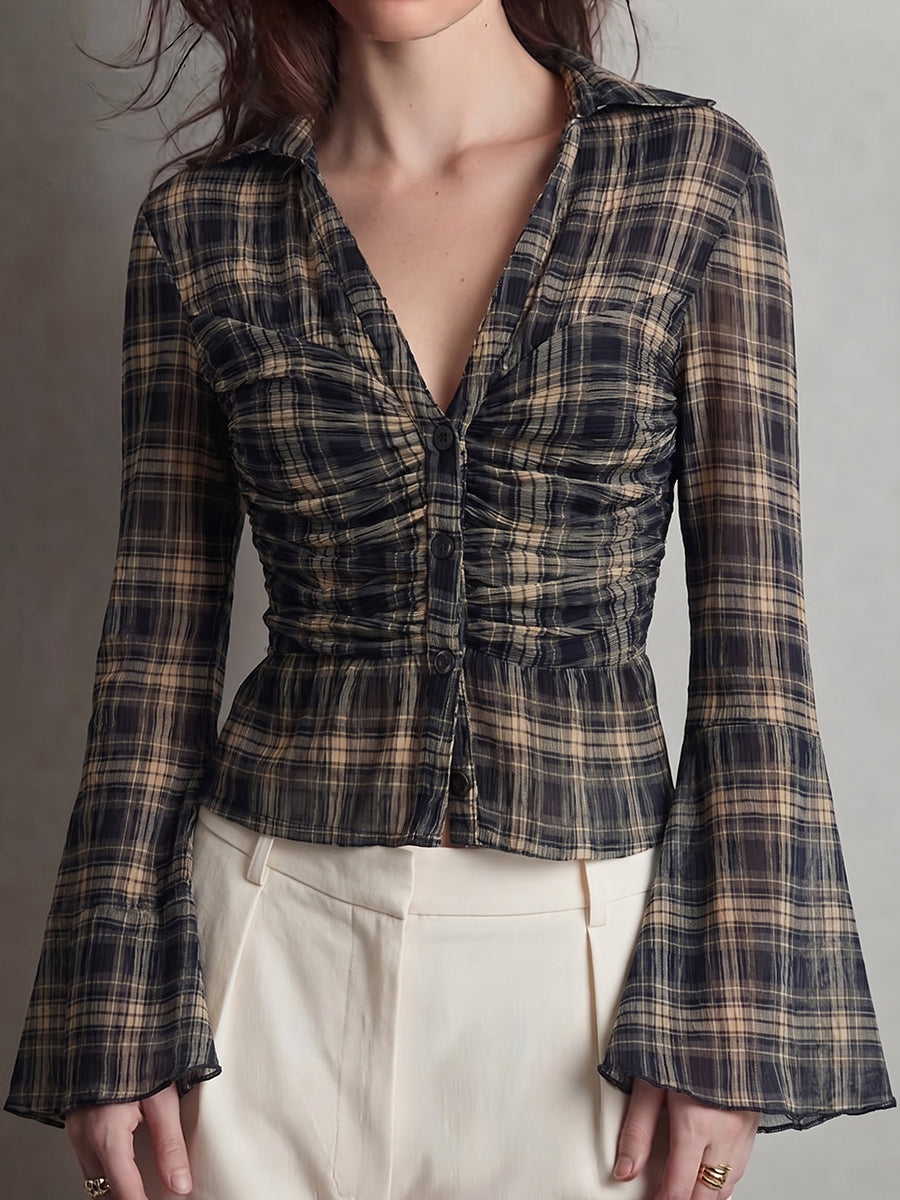 Dark Plaid Ruched Flared Sleeve Shirt