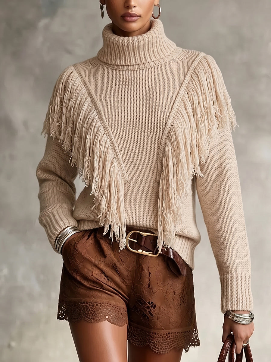 Cream Fringe Turtleneck Sweater