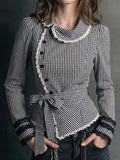 Black White Gingham Lace Peplum Top