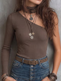Brown Ribbed One-Shoulder Long Sleeve Top
