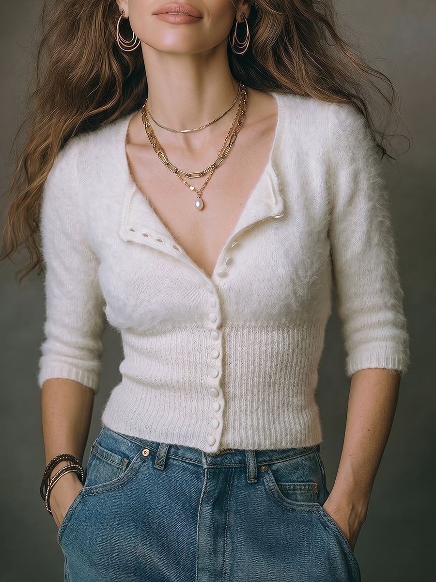 White Fluffy Button-Up Cardigan