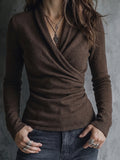 Brown Wrap Front Ribbed Top