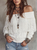 White Off-Shoulder Tassel Fringe Knit Sweater