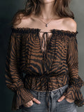 Brown Zebra Print Sheer Lace-Up Blouse