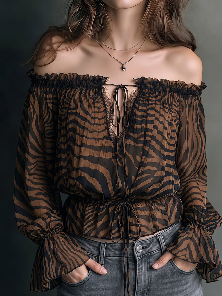 Brown Zebra Print Sheer Lace-Up Blouse