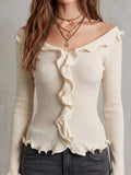 Cream Ribbed Ruffle Trim Top