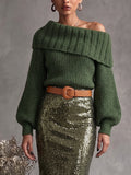 Green Fold-Over Off-Shoulder Sweater