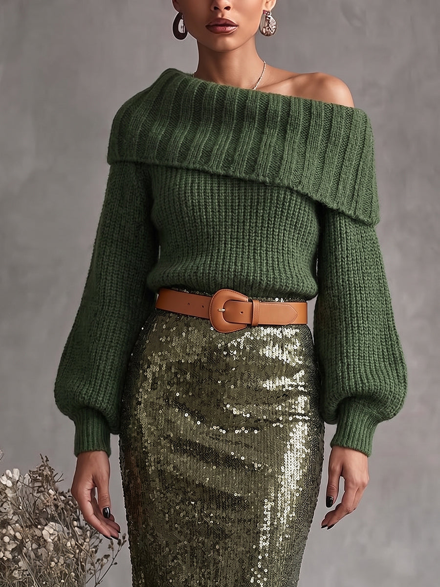 Green Fold-Over Off-Shoulder Sweater