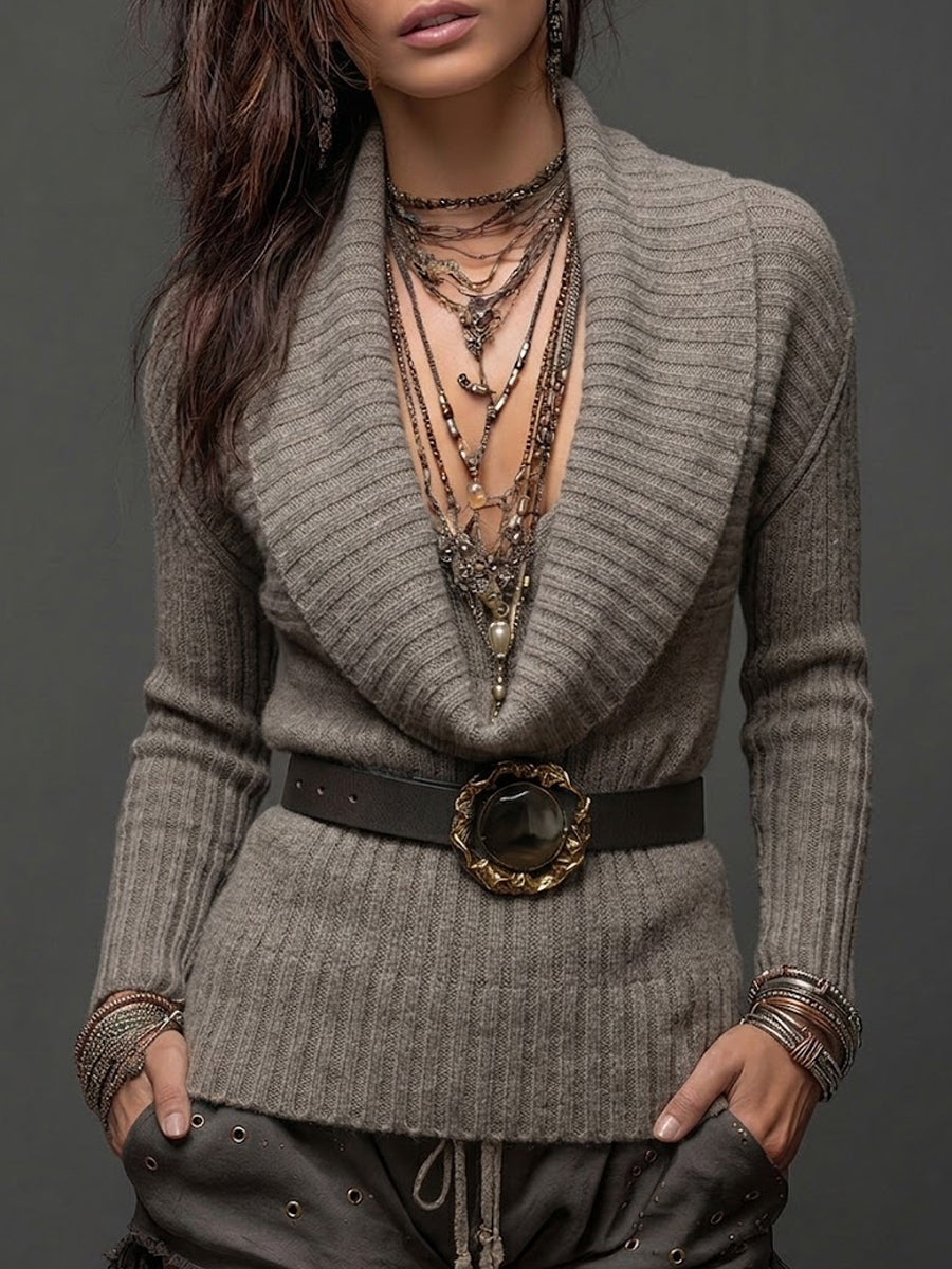Grey Ribbed Deep V-Neck Belted Sweater