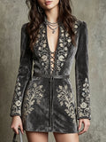 Grey Velvet Lace-Up Floral Embroidered Mini Dress