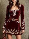 Burgundy Velvet Embroidered Mini Dress