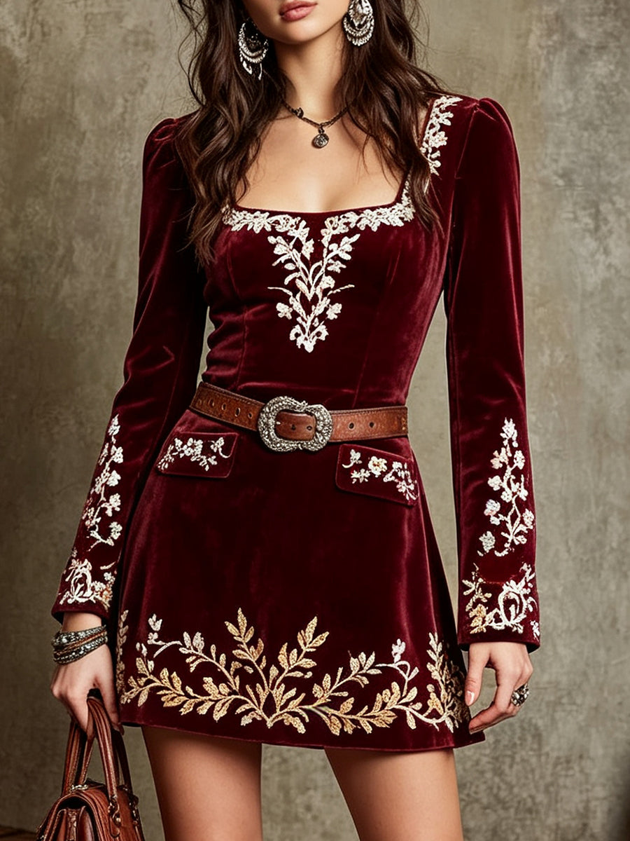 Burgundy Velvet Embroidered Mini Dress