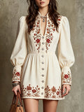 Cream Embroidered Button-Down Mini Dress
