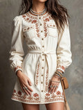 White Embroidered Tie-Waist Mini Dress