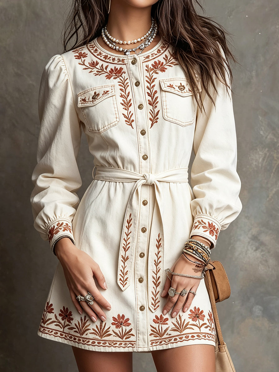 White Embroidered Tie-Waist Mini Dress
