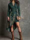 Dark Green Wrap Front Embroidered Midi Dress