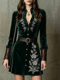 Emerald Velvet Embroidered Shirt Dress