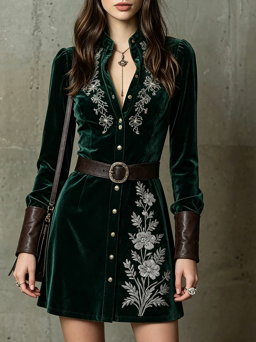 Emerald Velvet Embroidered Shirt Dress