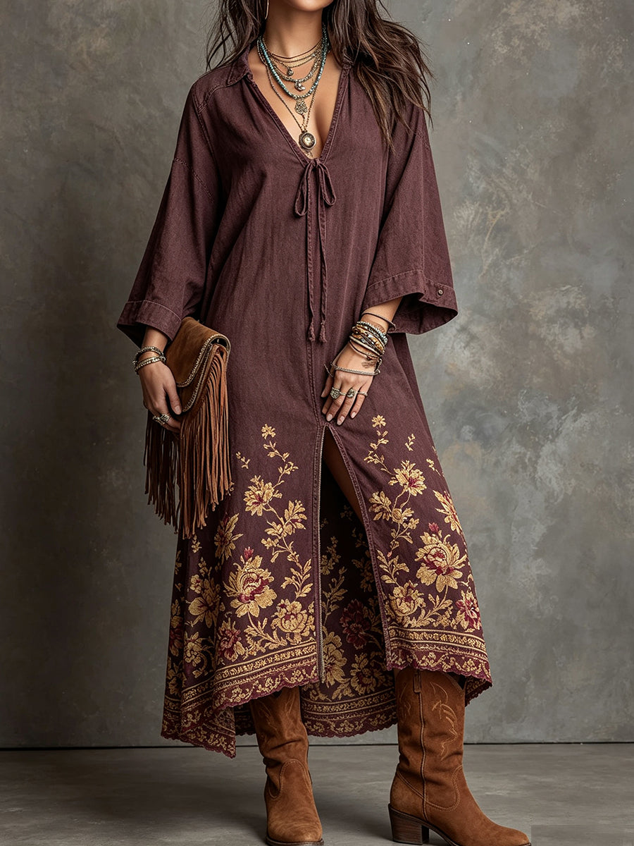 Brown Floral Embroidered Kaftan Maxi Dress
