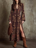 Brown Floral Embroidered Boho Kaftan Maxi Dress