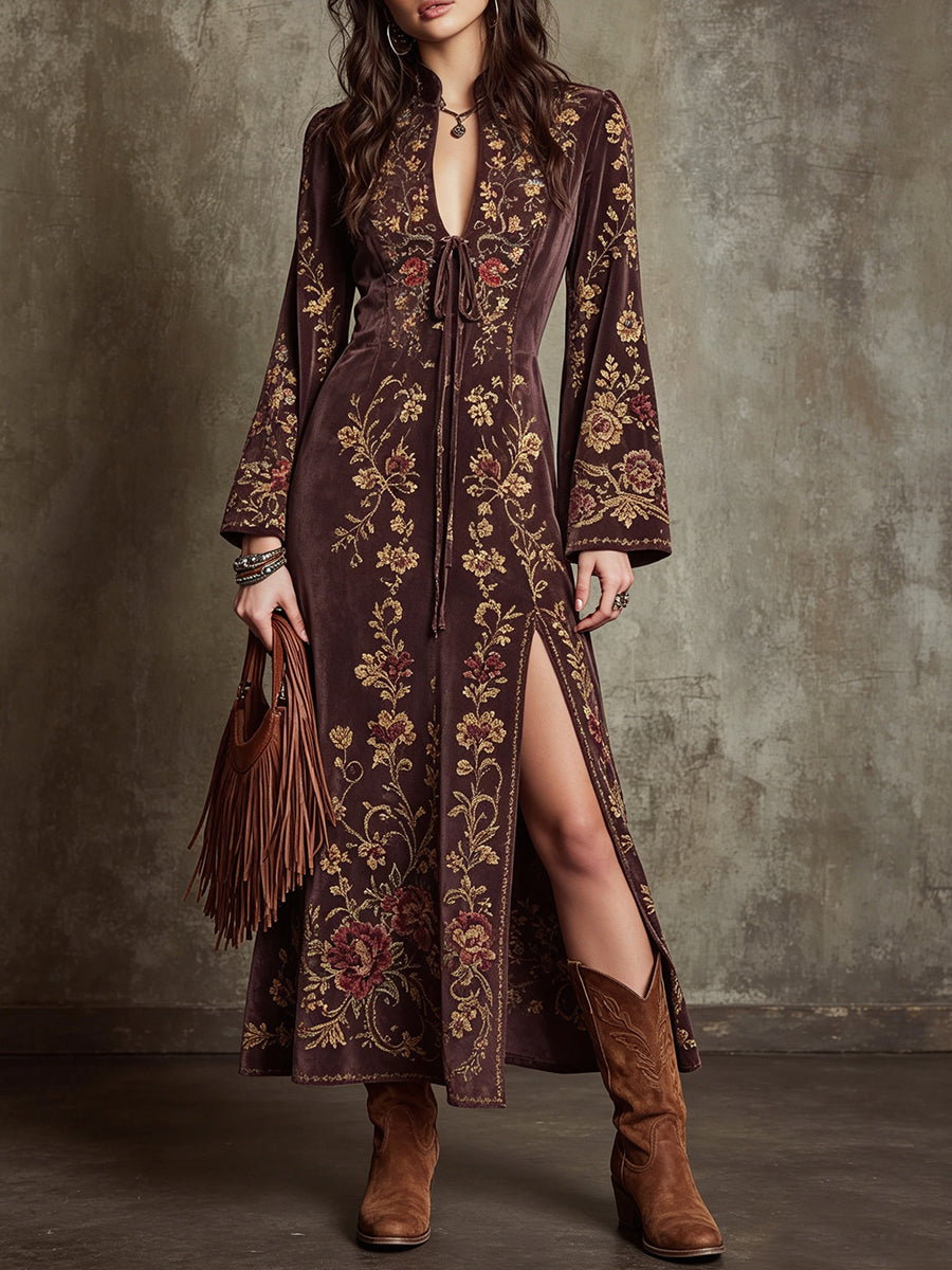 Brown Floral Embroidered Boho Kaftan Maxi Dress