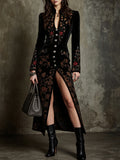 Black Velvet Embroidered Long Cardigan Coat