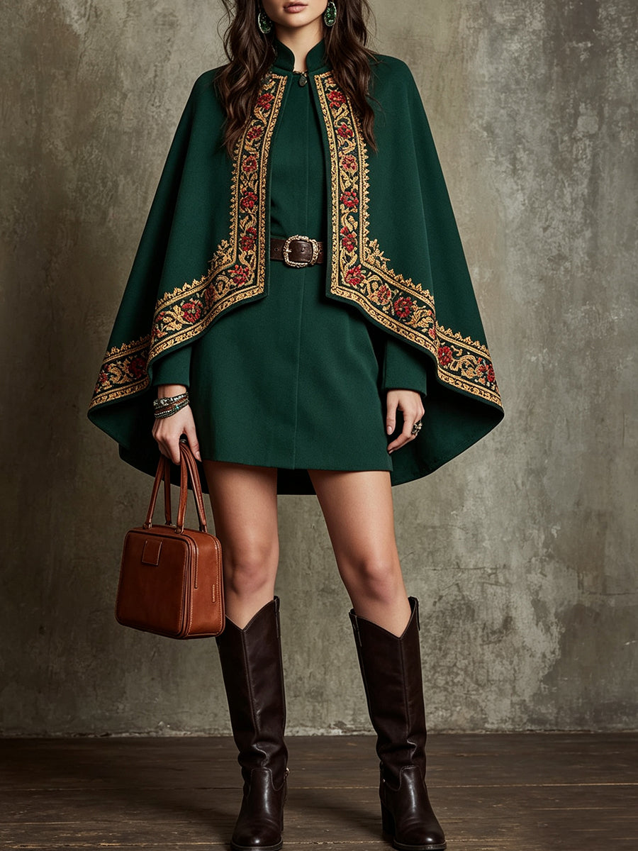 Green Embroidered Cape Mini Dress