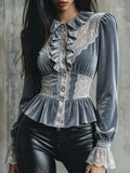 Grey Velvet Ruffle Lace Peplum Top