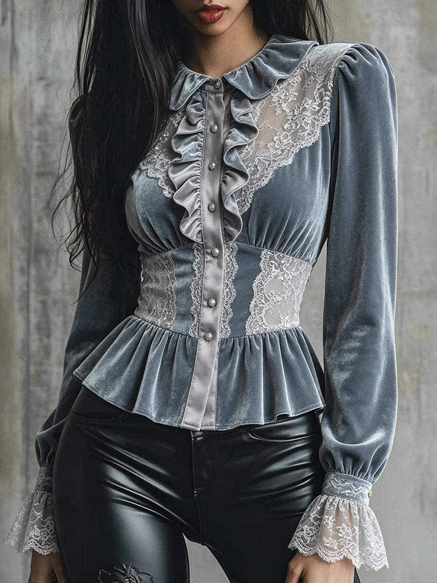 Grey Velvet Ruffle Lace Peplum Top