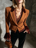 Camel Velvet Lapel Lace Blazer