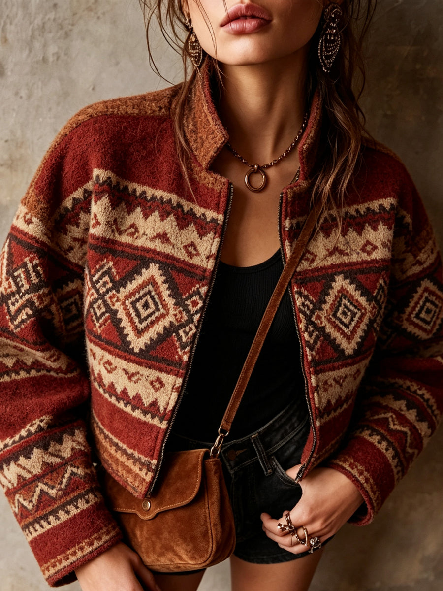 Red Aztec Pattern Fleece Jacket