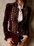 Burgundy Velvet Embroidered Military Jacket