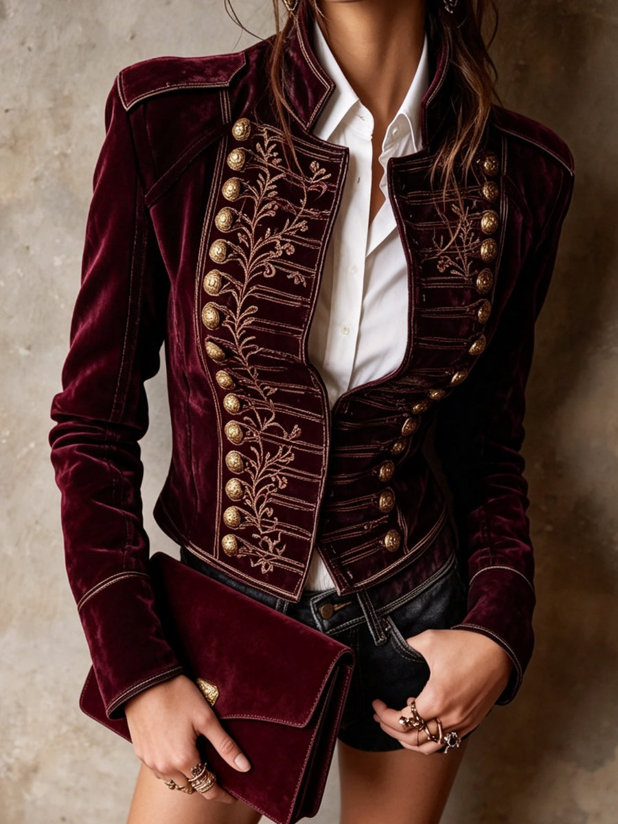 Burgundy Velvet Embroidered Military Jacket