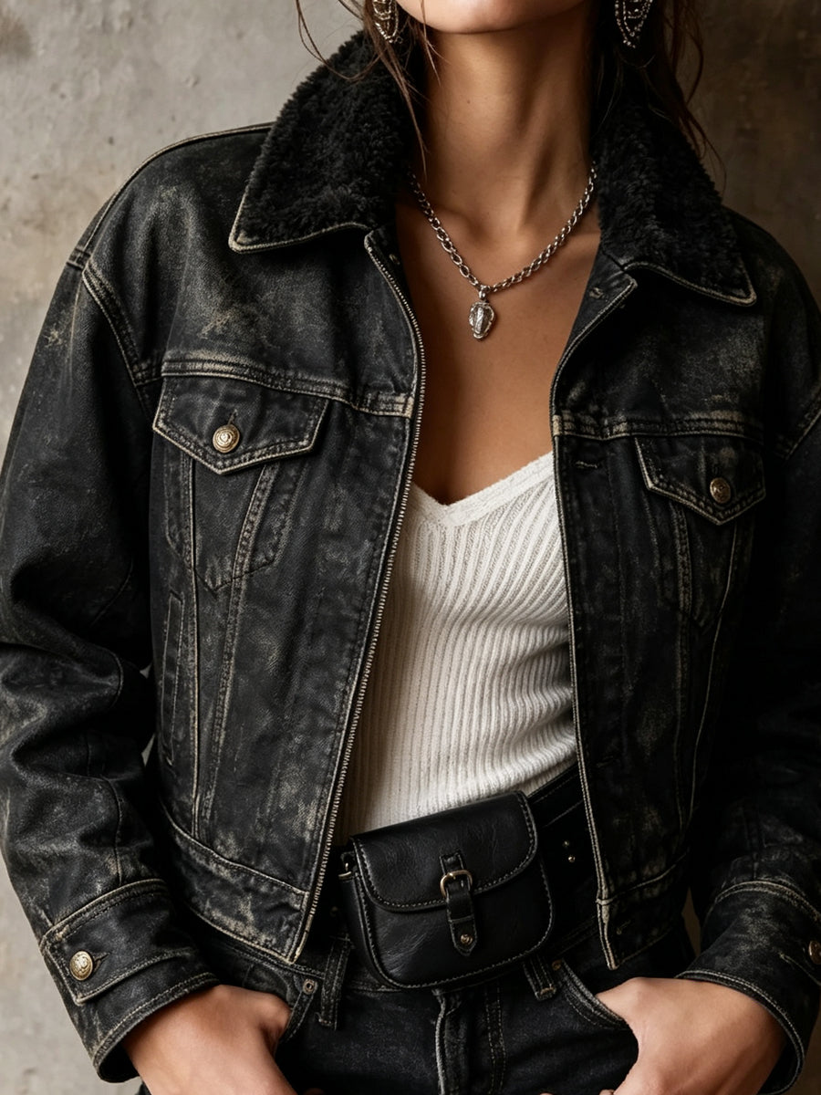 Black Acid Wash Sherpa Denim Jacket