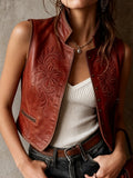 Red Faux Leather Floral Embossed Vest