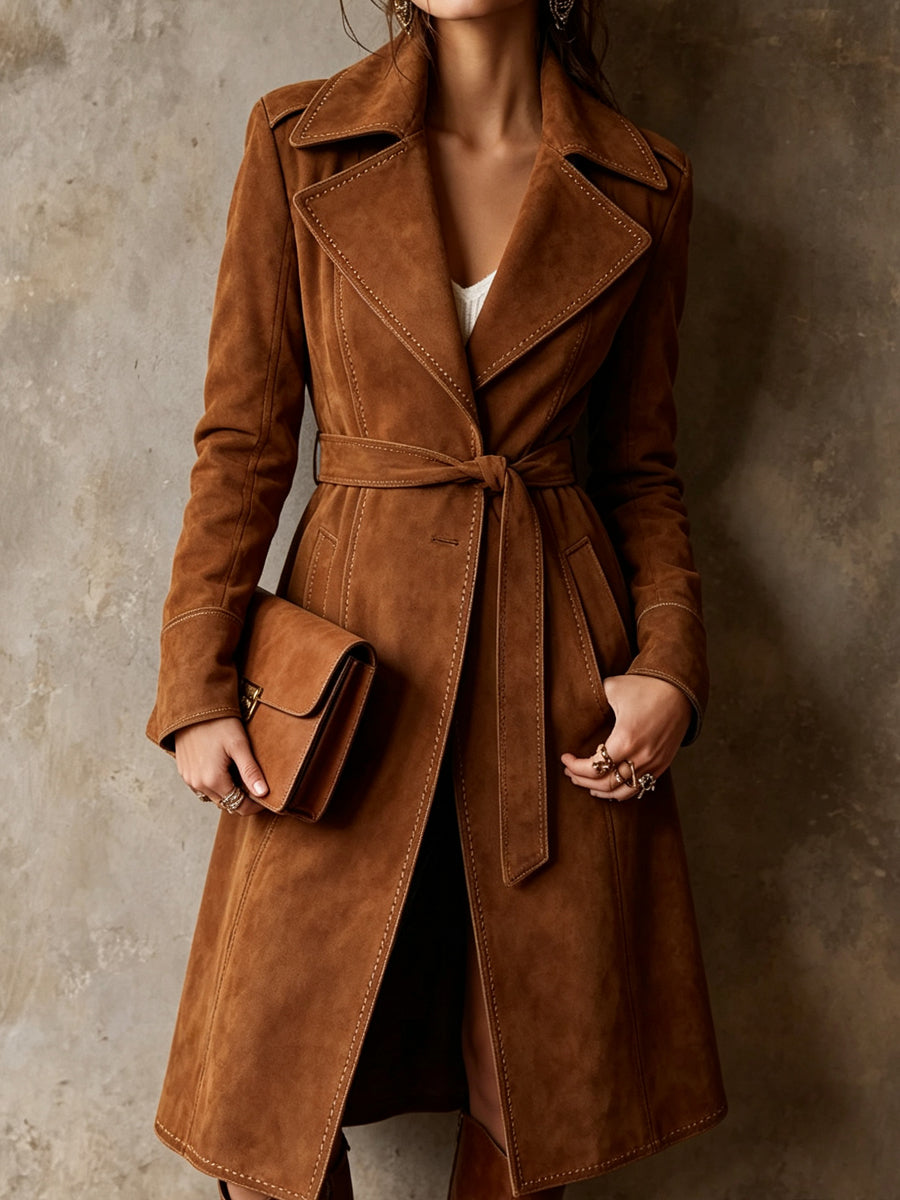 Brown Faux Suede Longline Belted Trench Coat