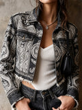 Black Paisley Print Frayed Denim Jacket