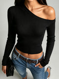 Black Ribbed Off-Shoulder Slim Top