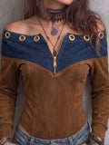 Brown Blue Denim Grommet Zip Corset Top