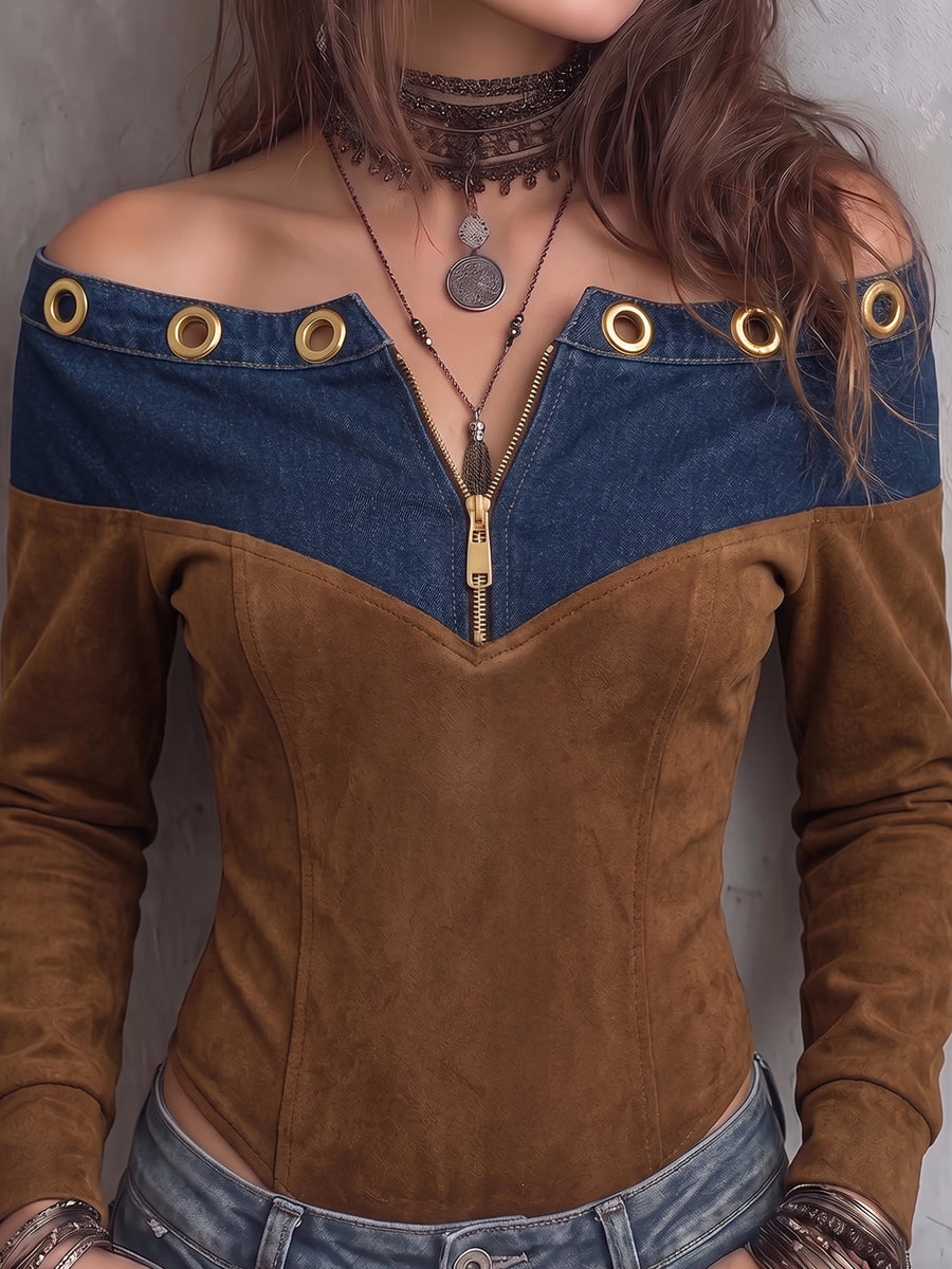 Brown Blue Denim Grommet Zip Corset Top