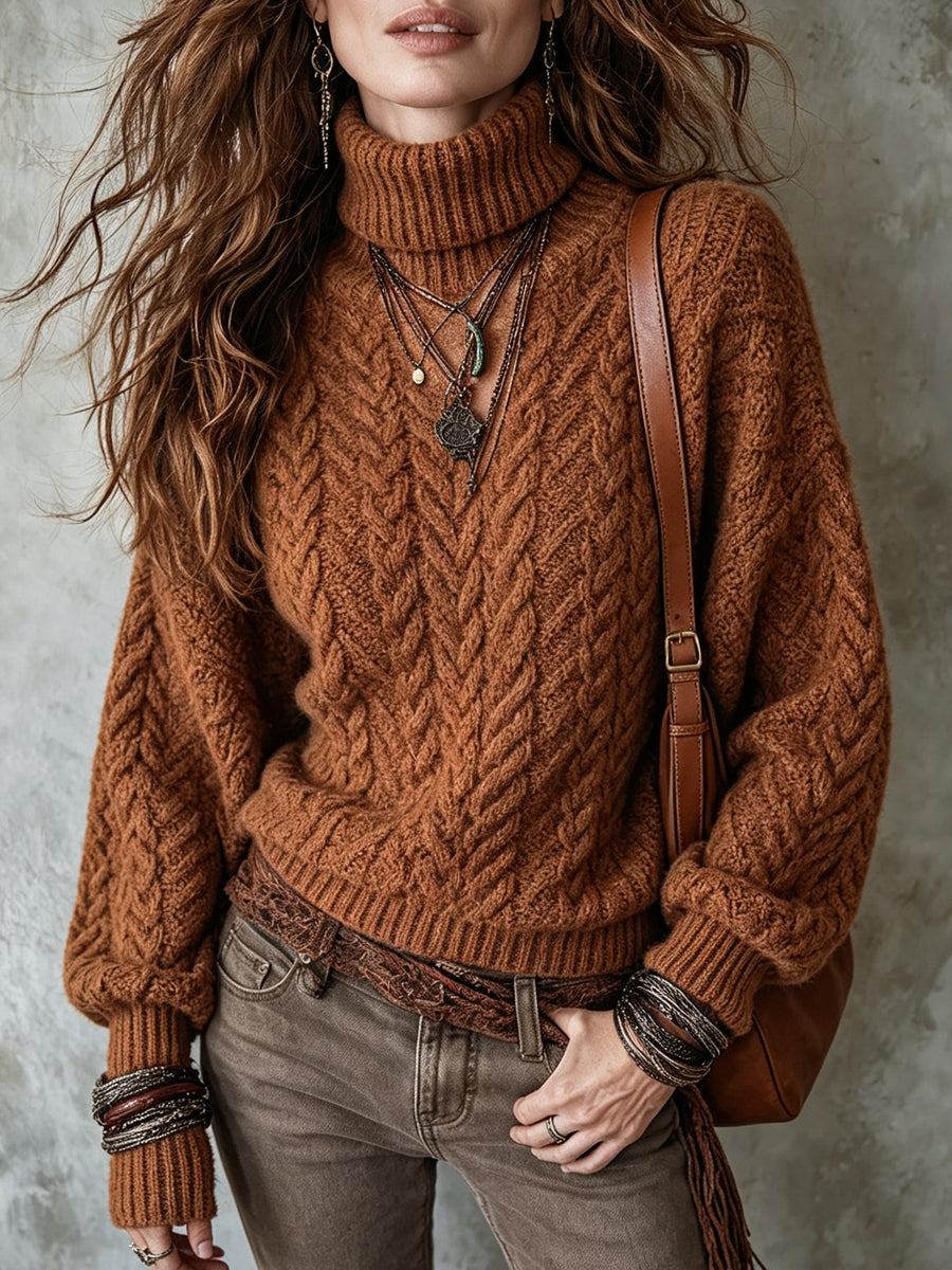Rust Brown Cable Knit Turtleneck Sweater