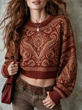 Rust Paisley Patterned Crop Sweater