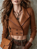 Camel Knit Double-Breasted Crop Blazer