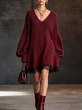 Burgundy Lace Trim Knit Mini Dress